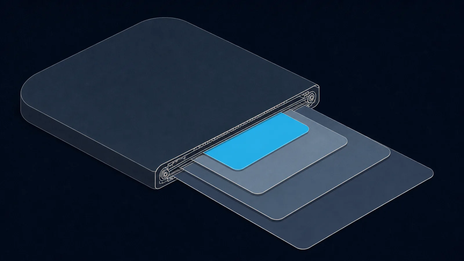 A rounded app tile unzipped open, with nested rectangular plates fanning out of it.
