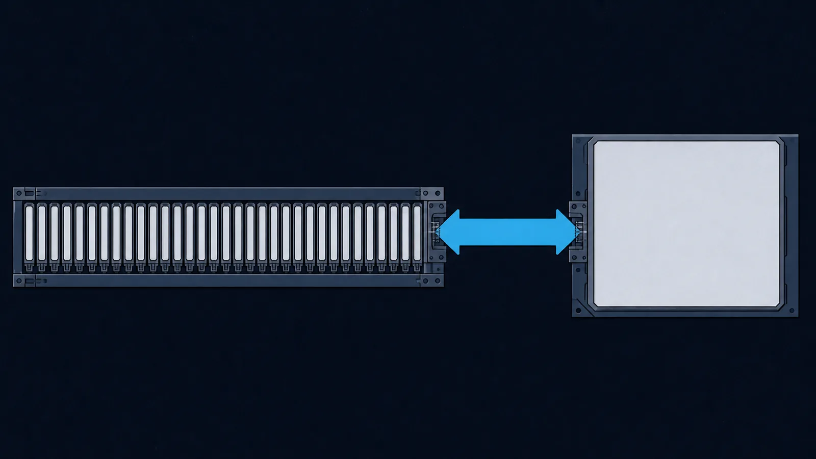 A rack of identical register bars connected across a gap to a large memory slab by one bridging arm.