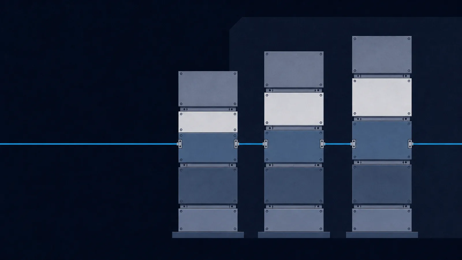 Three identical block stacks at different heights, tied together by one taut measuring line.