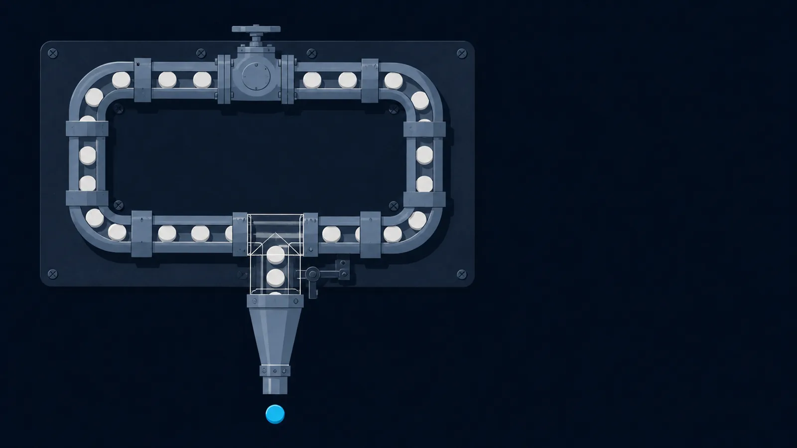 A closed loop of pipe feeding a funnel, with many discs entering and one disc emerging.