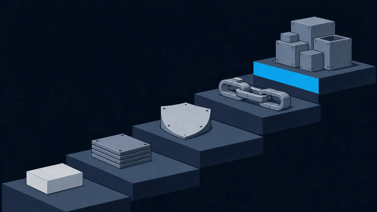 Five stepped platforms rising left to right, each carrying a progressively more intricate object.