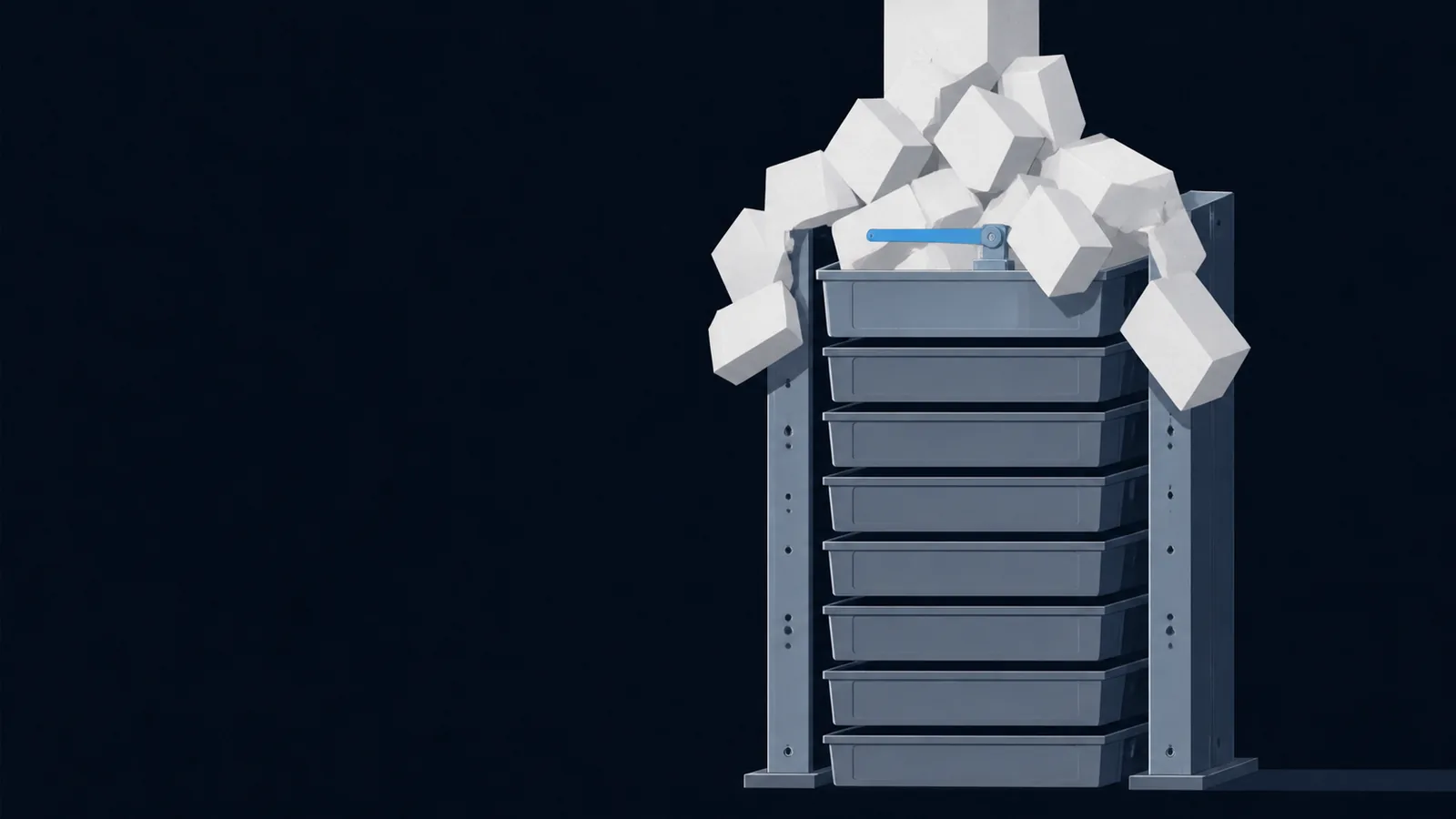 A stack of trays overfilled from above, spilling over a small pointer arm above the stack.