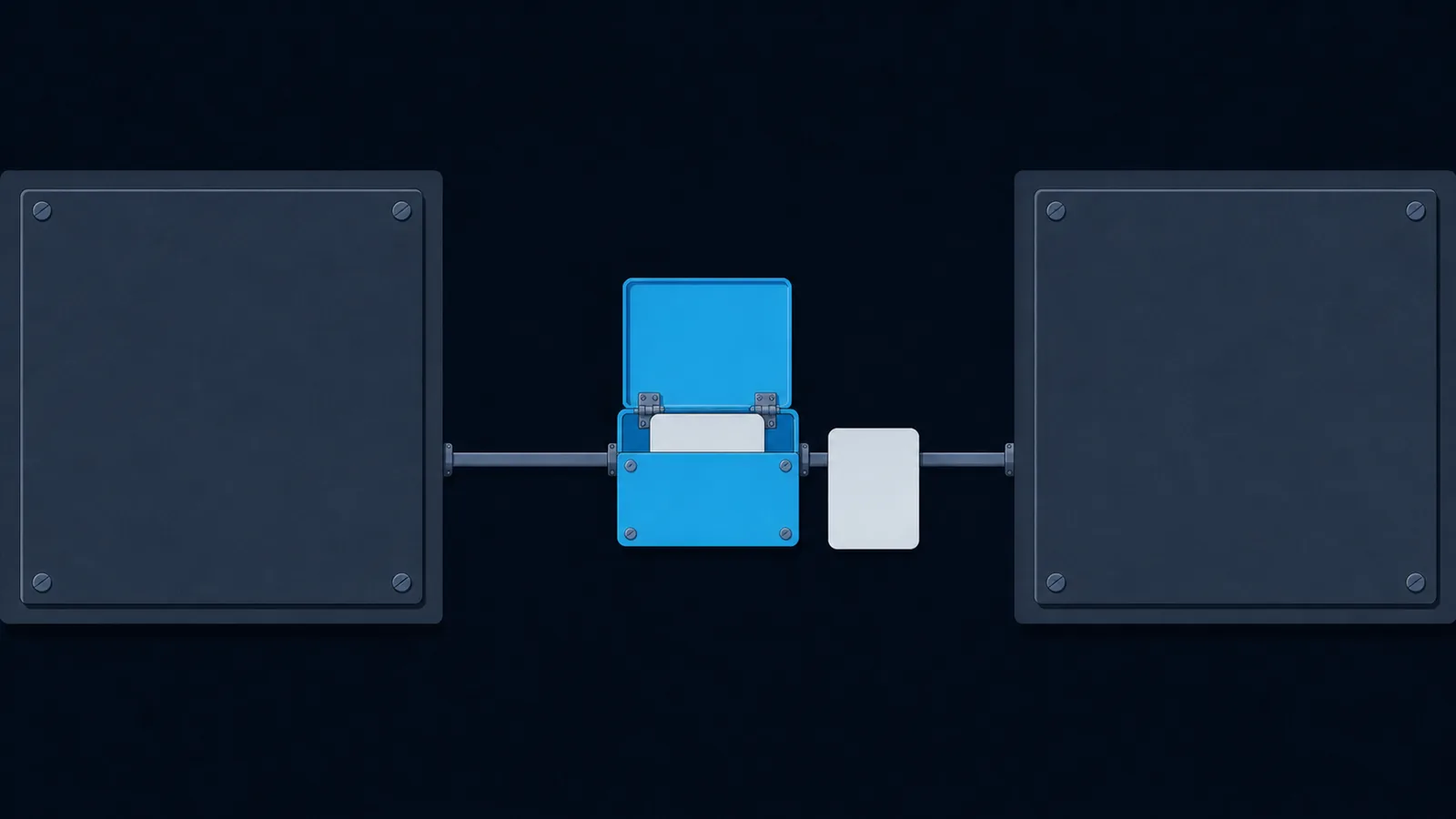 Two panels joined by a line that passes through a small inspection box, with a duplicate card beside it.