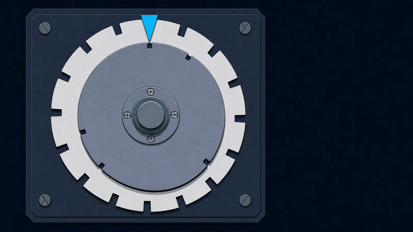 A two-disc cipher wheel with blank notches, the inner disc rotated out of alignment beneath a pointer.