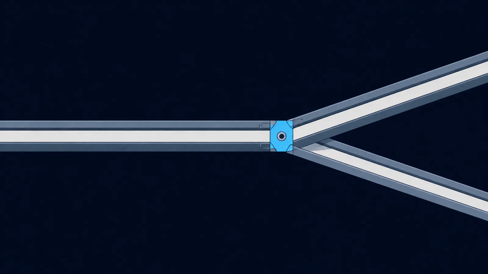 A straight rail that splits at a machined joint into a second rail heading off at an angle.