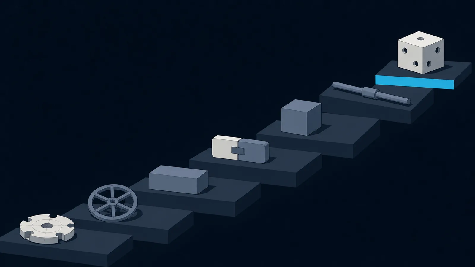 Seven stepped platforms rising left to right, each carrying a different small cryptographic object.