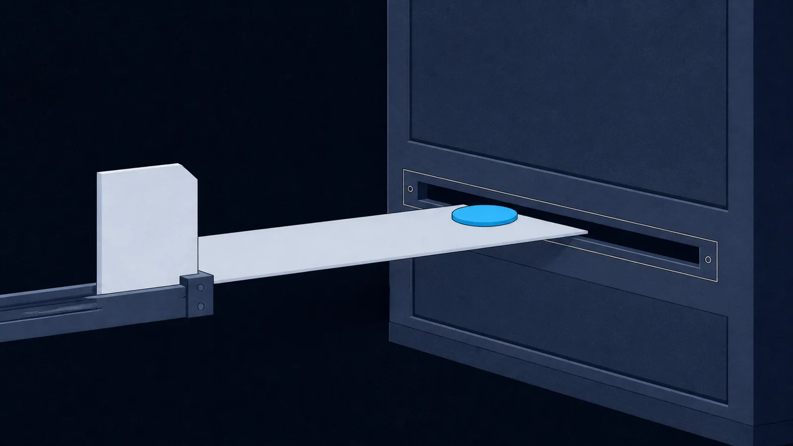 A small page pushing a blank card into a cabinet slot, with a round disc riding along on the card.