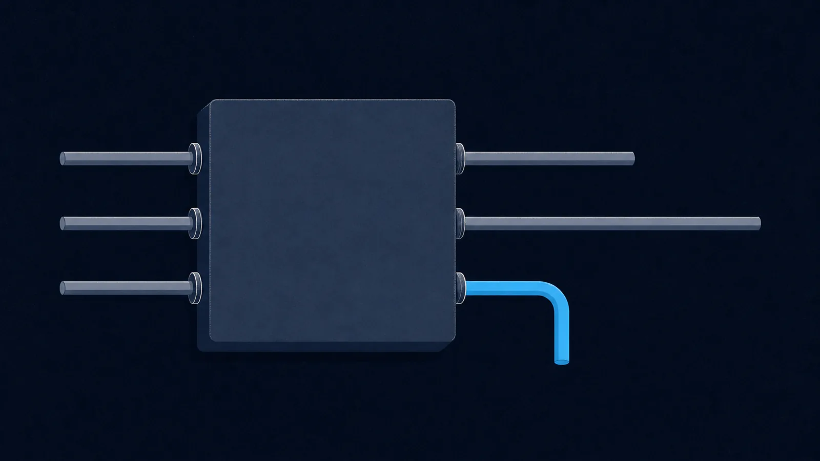 Three identical probes entering a sealed box and three differently shaped pieces coming out.