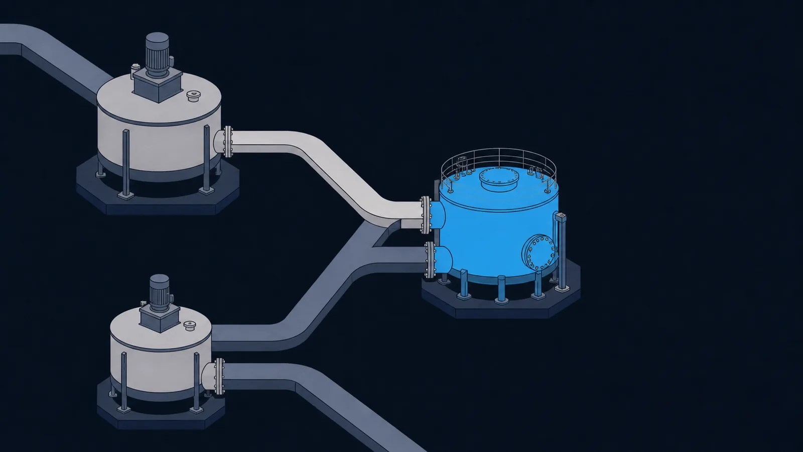 Two paths passing through separate mixing vessels and converging on one shared vessel.