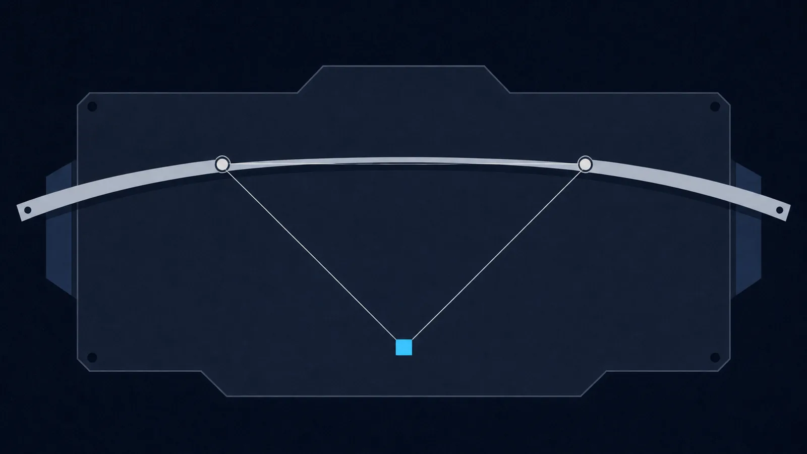 A smooth curve with two points at the same height, whose construction lines meet at one node below.