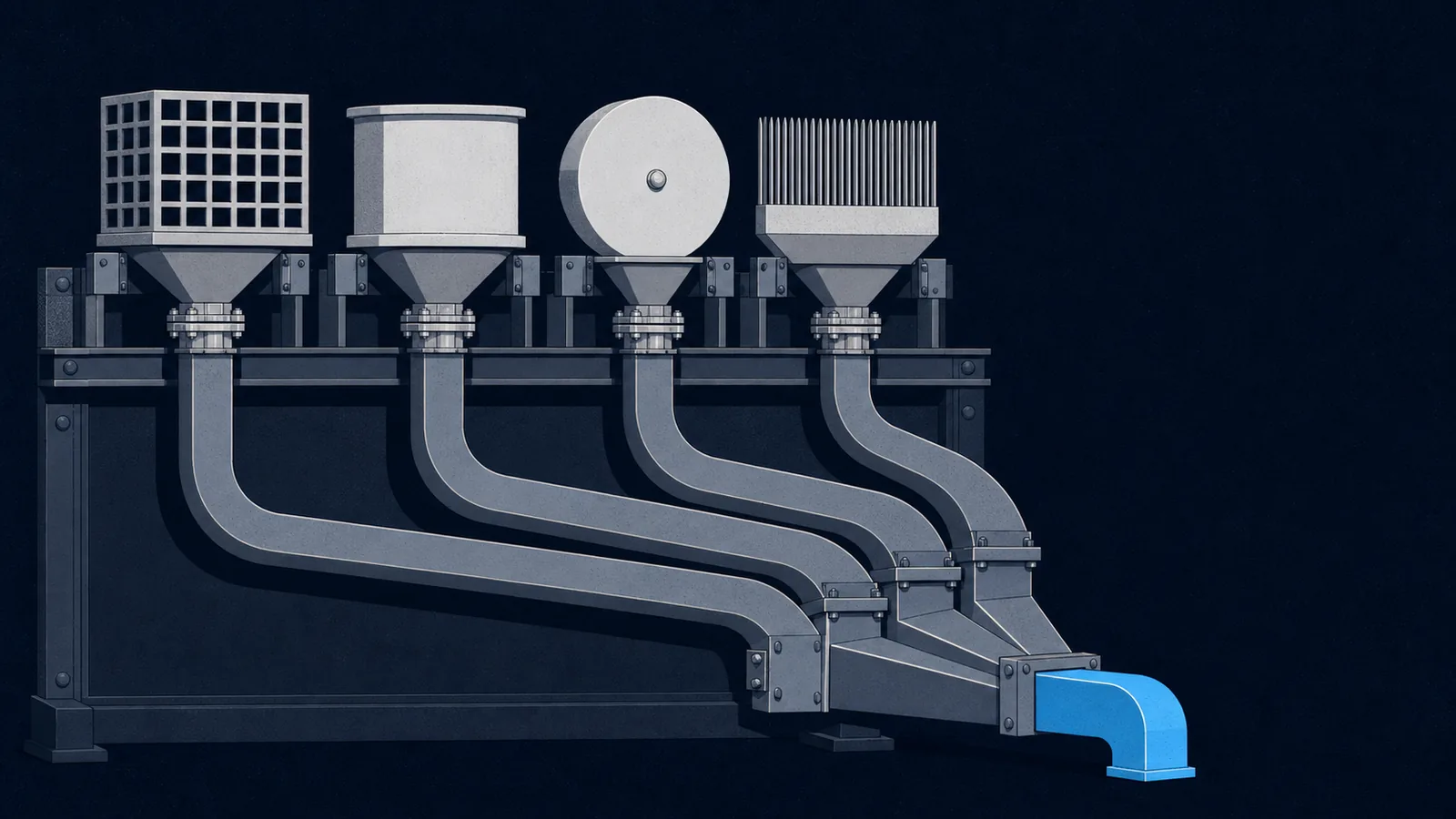 Four differently built hoppers whose separate ducts merge into one shared outlet spout.