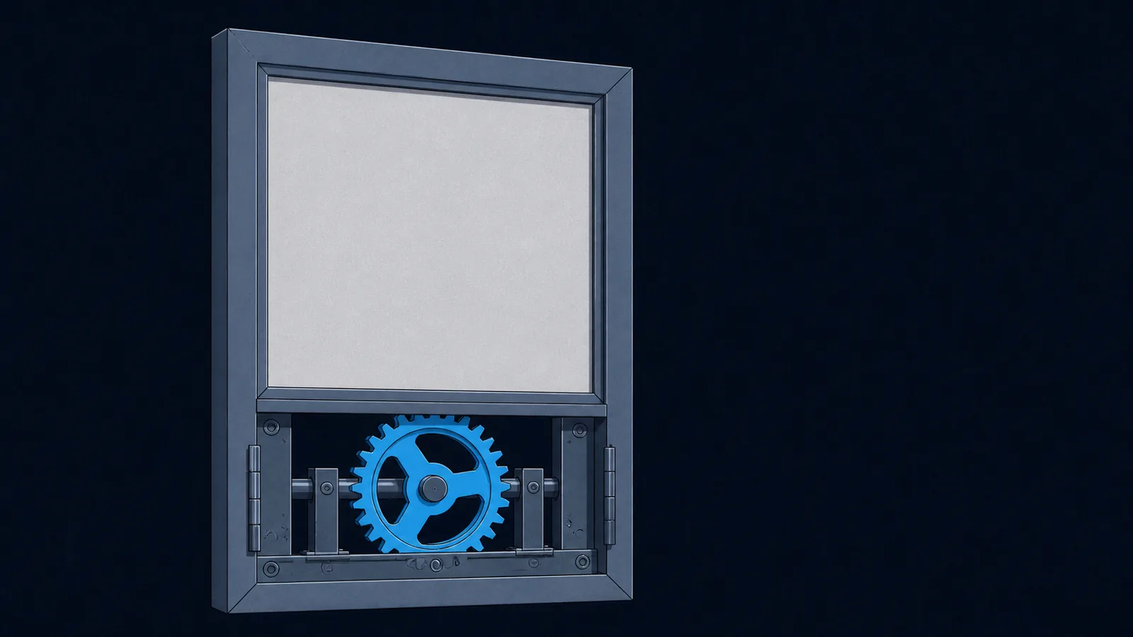 A picture frame whose lower third opens into a mechanical hatch with a gear turning inside.