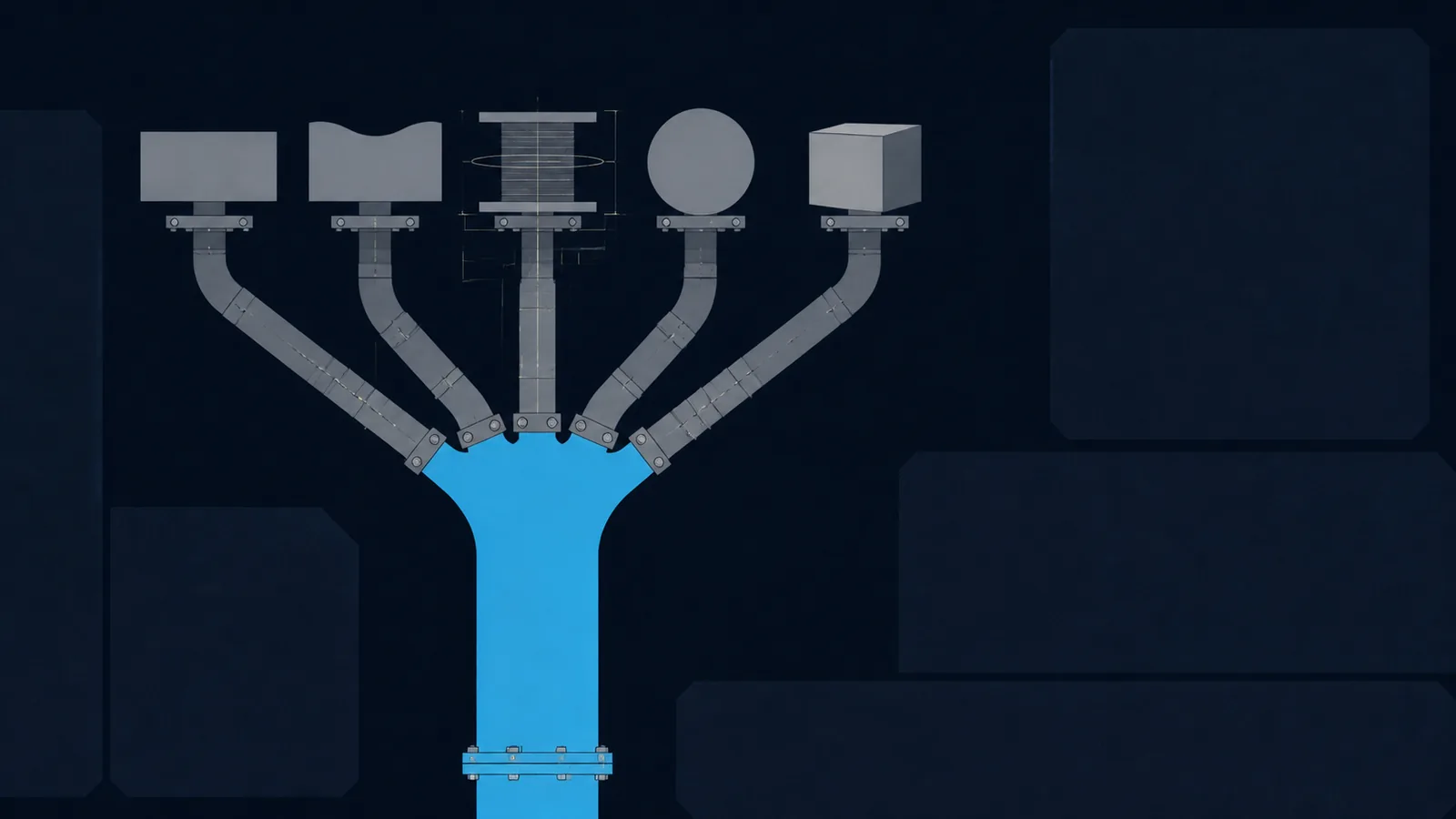 A single thick trunk splitting into five branches, each ending in a differently shaped cap.