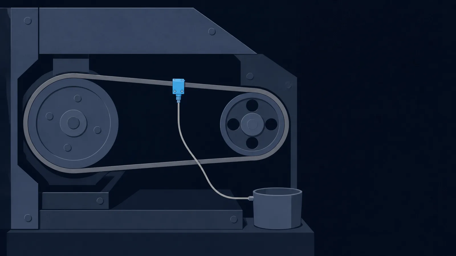 A drive belt between two pulleys with a clamp fastened mid-run, tapping a line to a collecting cup.