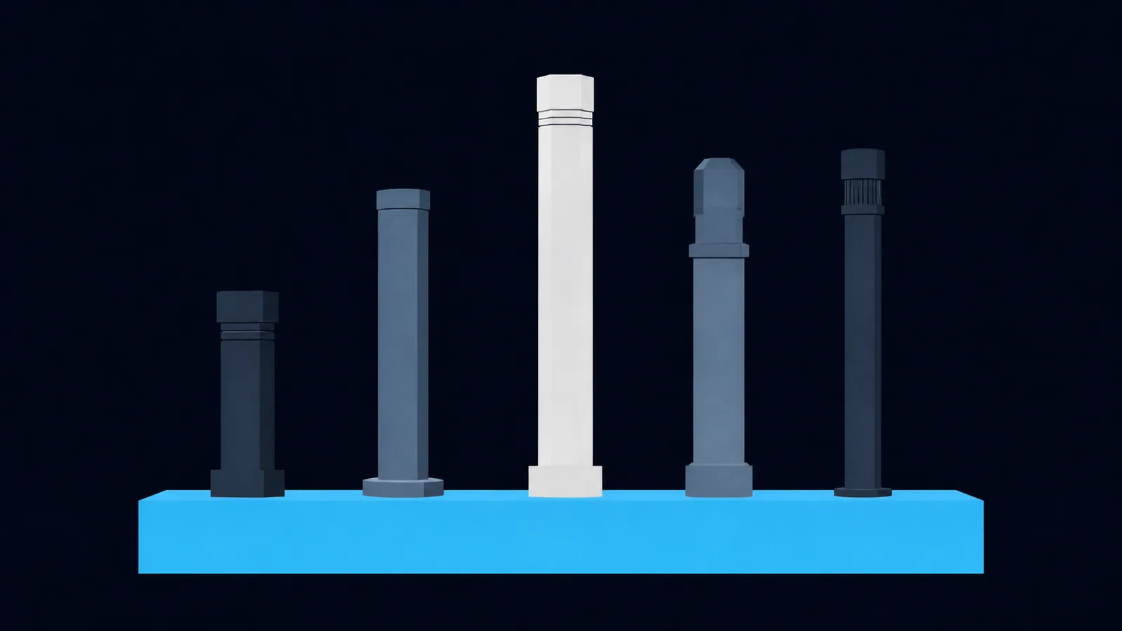 Five slender pillars of different heights standing on one broad low plinth.