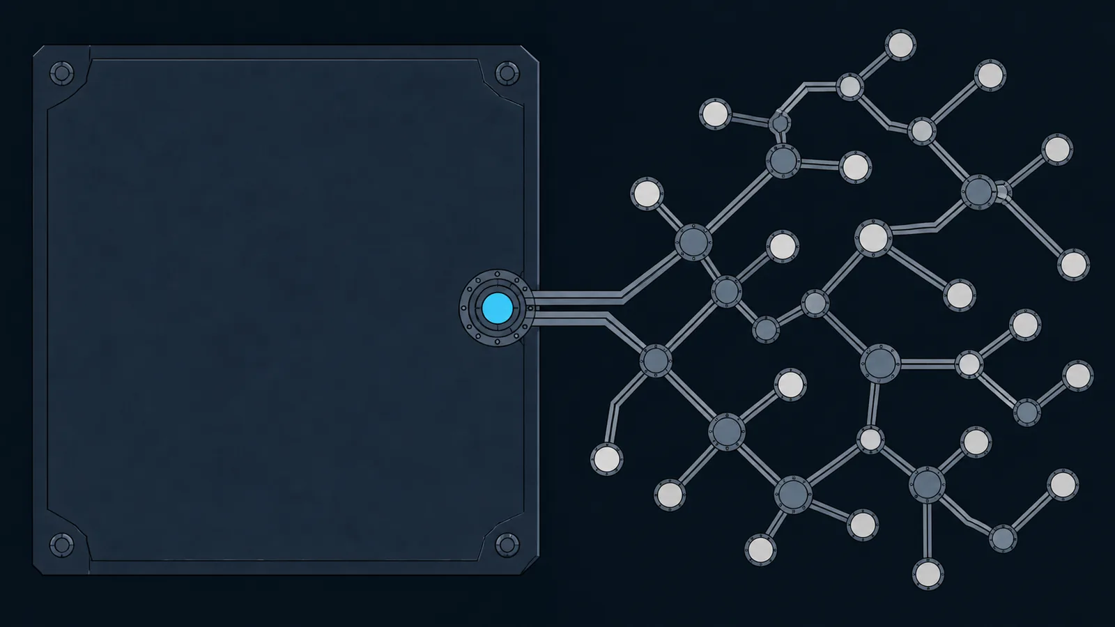 A small port in a blank panel from which a large branching lattice of nodes unfolds.