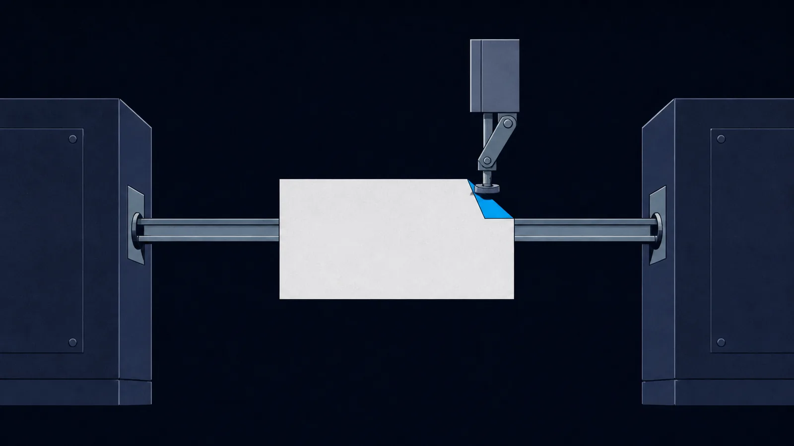 A blank card travelling a rail between two cabinets while a tool folds down one of its corners.