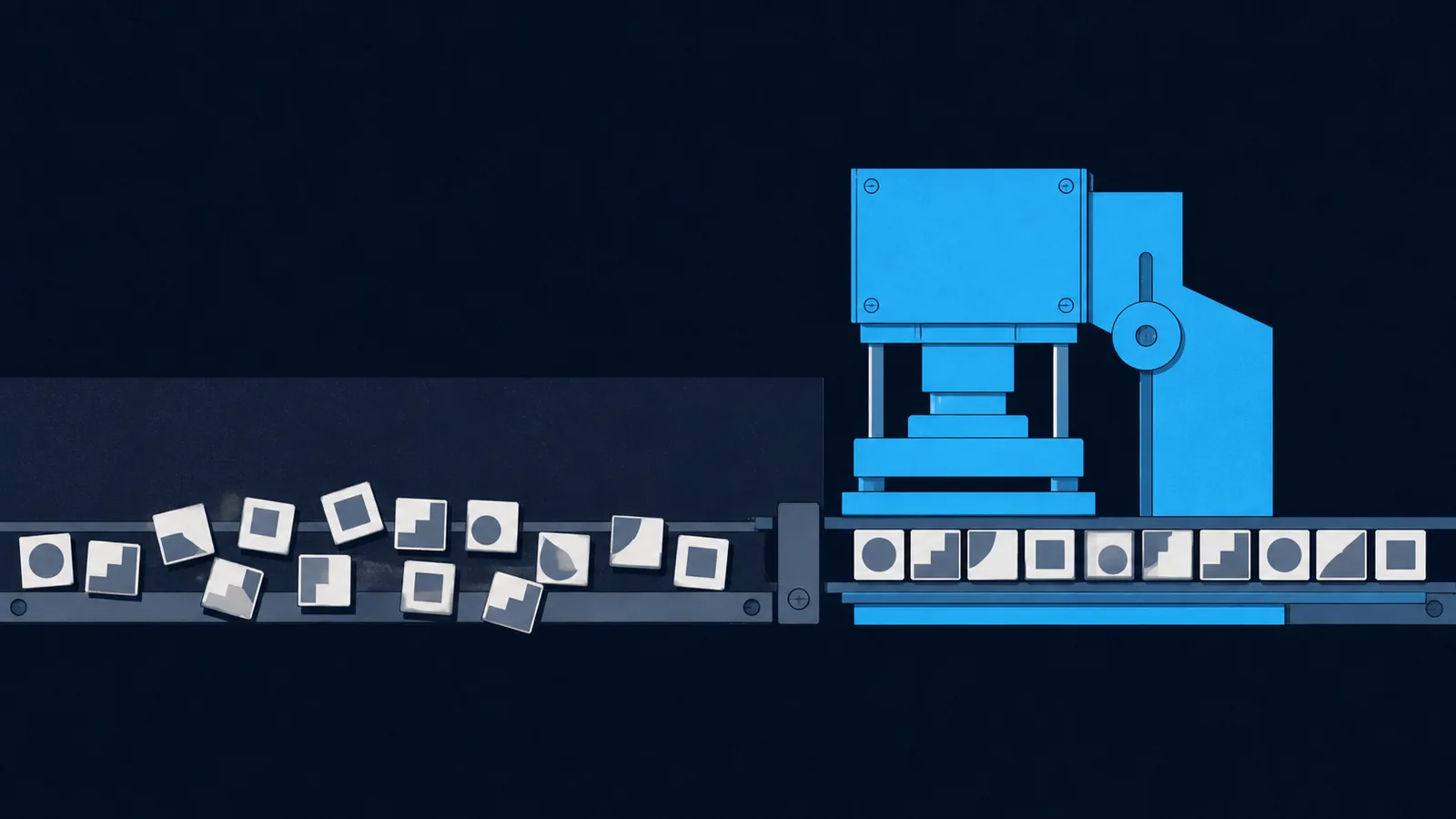 A strip of irregular tiles with a machine on the right stamping out tiles that match them exactly.