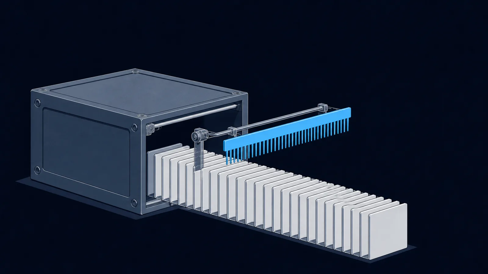 An opened archive crate with its contents laid out as blank plates beneath an index comb.