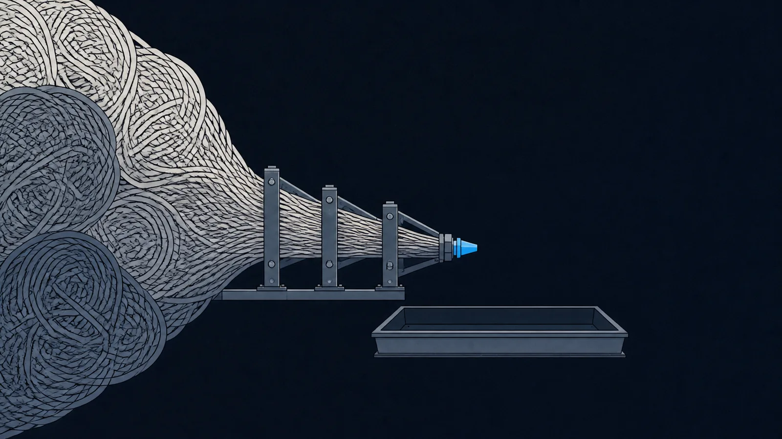 A tangled mass of thread narrowing into one small nozzle, with a tray placed under it.