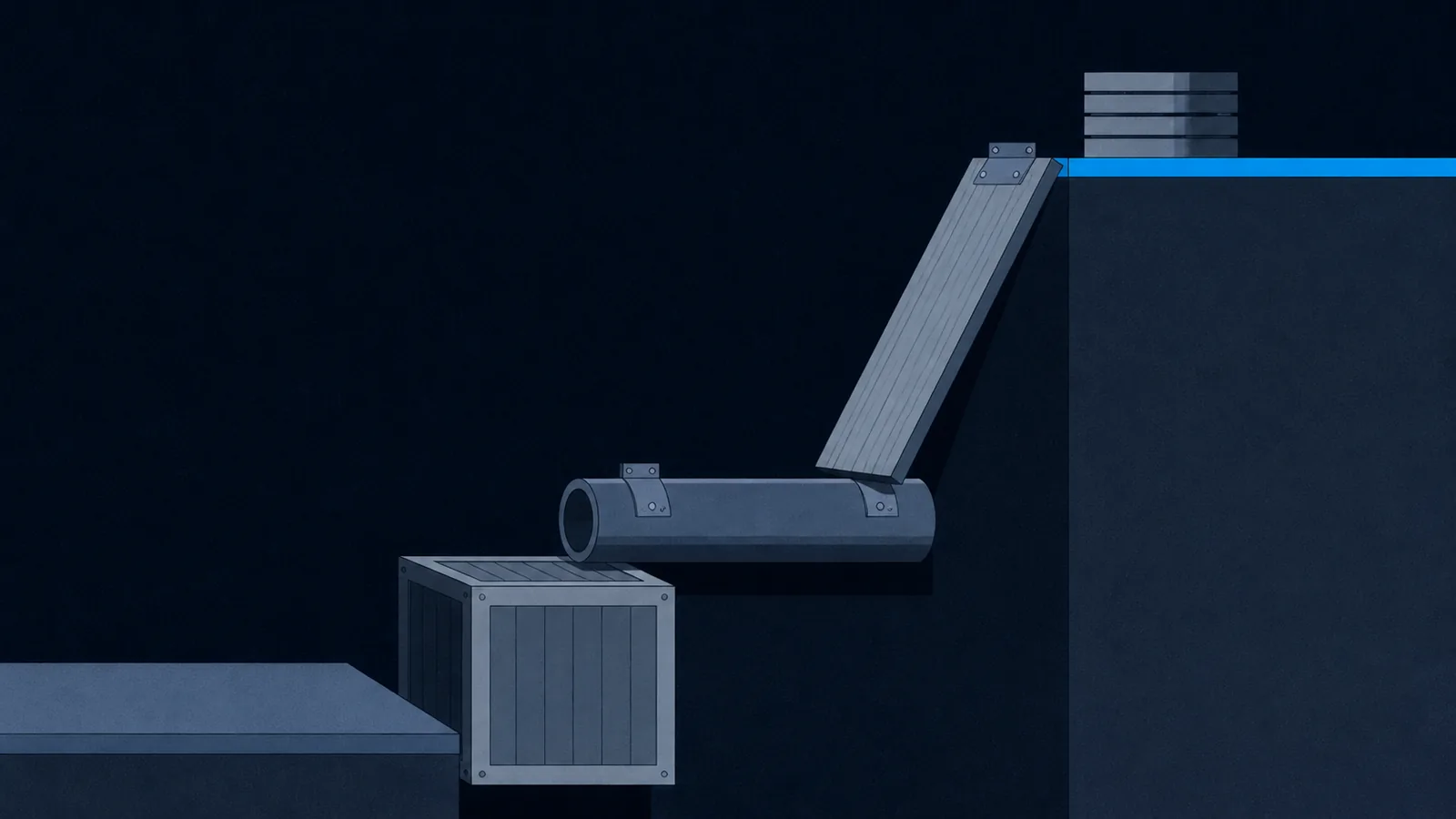 Four mismatched makeshift steps bridging a low platform up to a much higher ledge.