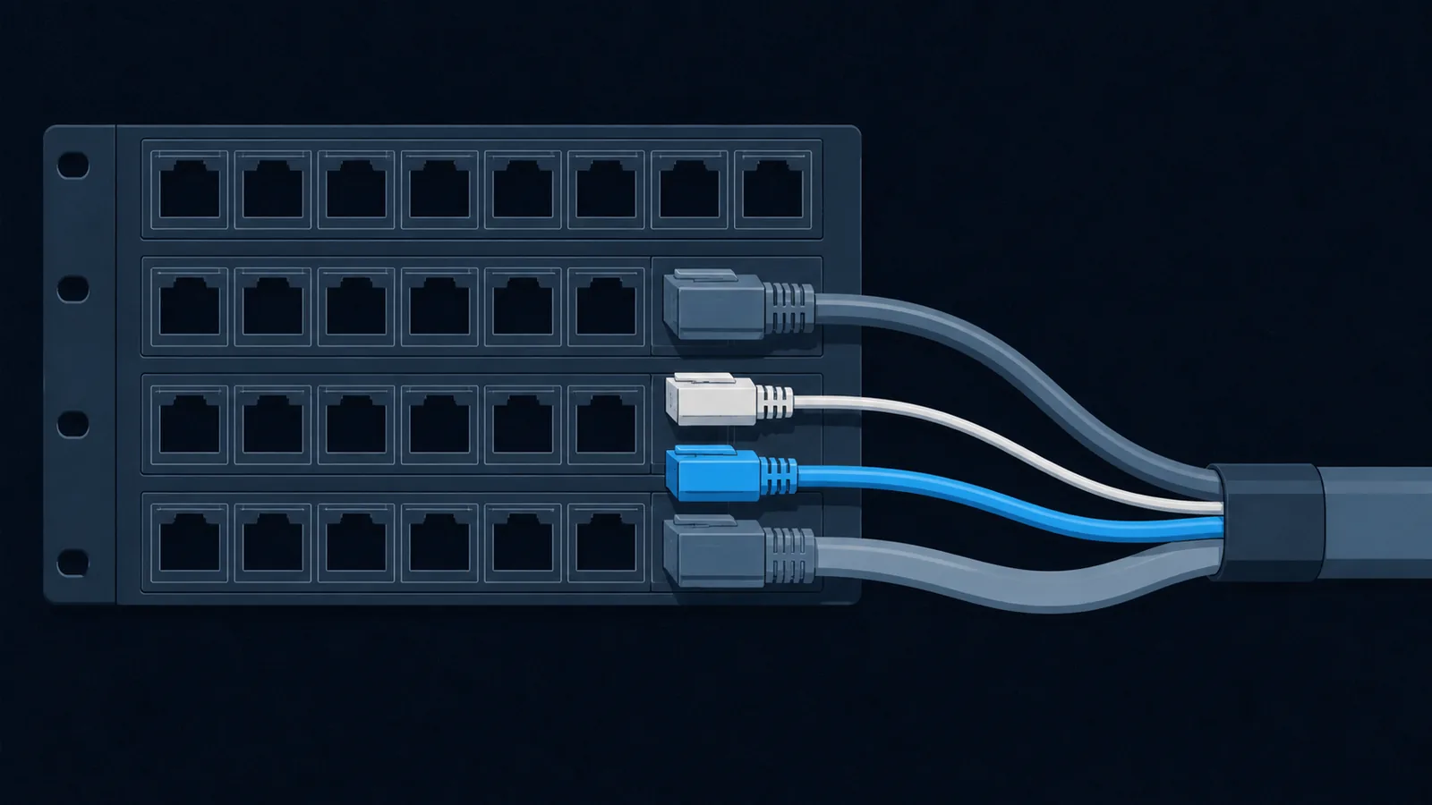 A patch panel with four different cables plugged in, gathering into a single heavy bundle.