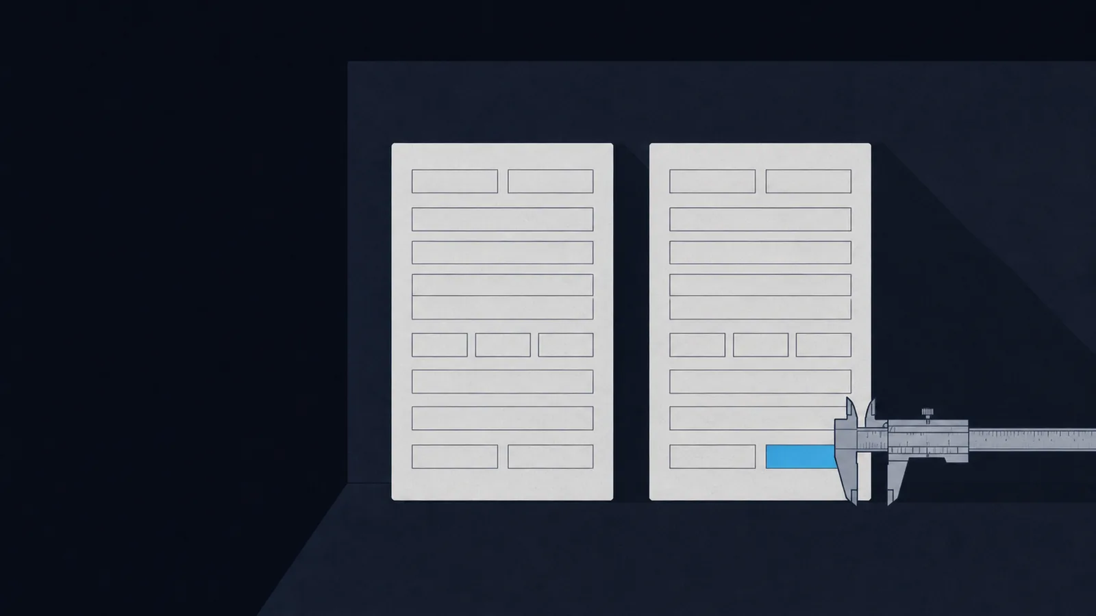 Two identical record cards side by side, a caliper resting on the one small field that differs on the right card.