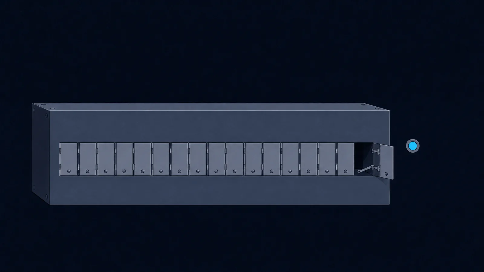 A sealed block with a row of sixteen shutters, one open, beside a two-state indicator lamp.