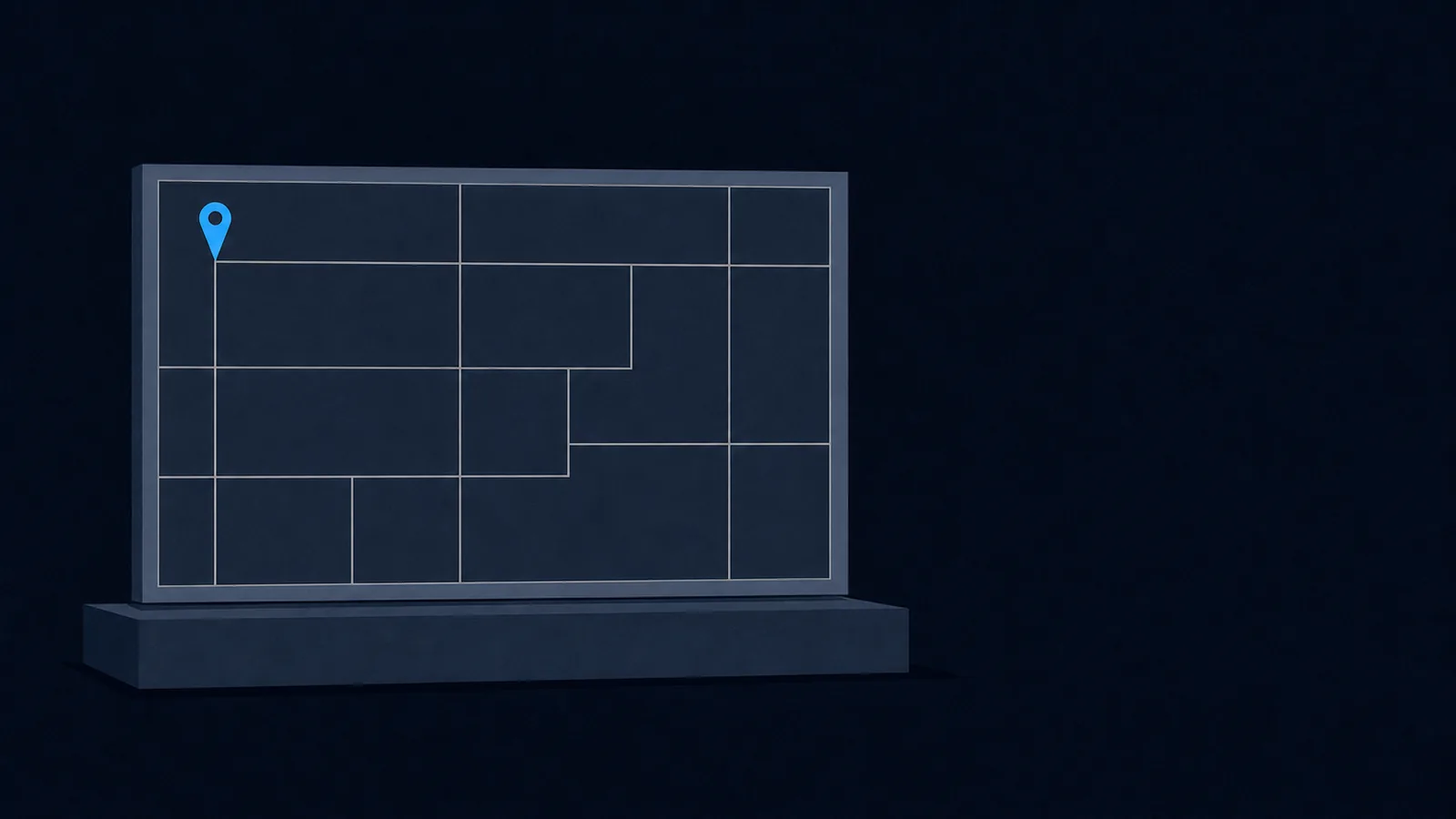 A large map board on a plinth showing a blank route grid with one marker pin in a corner.