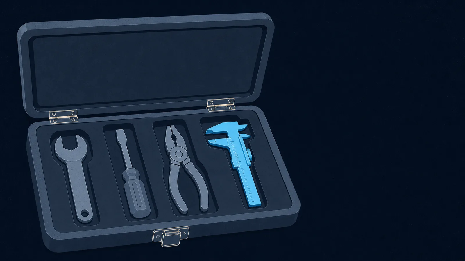 An open fitted case with four cut recesses, each holding a precisely sized tool.
