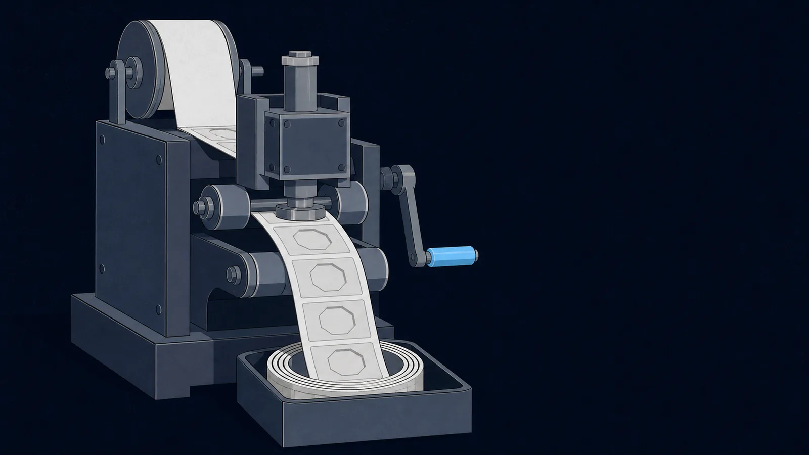 A hand-cranked machine stamping the same operation onto every segment of a strip.