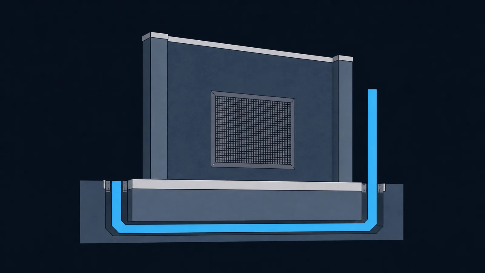 A wall with a fine mesh grate, and a narrow channel running under the footing to bypass it.