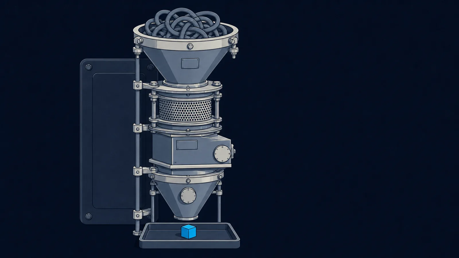 Four filter modules bolted in series, a tangle entering the top and one clean shape leaving the bottom.