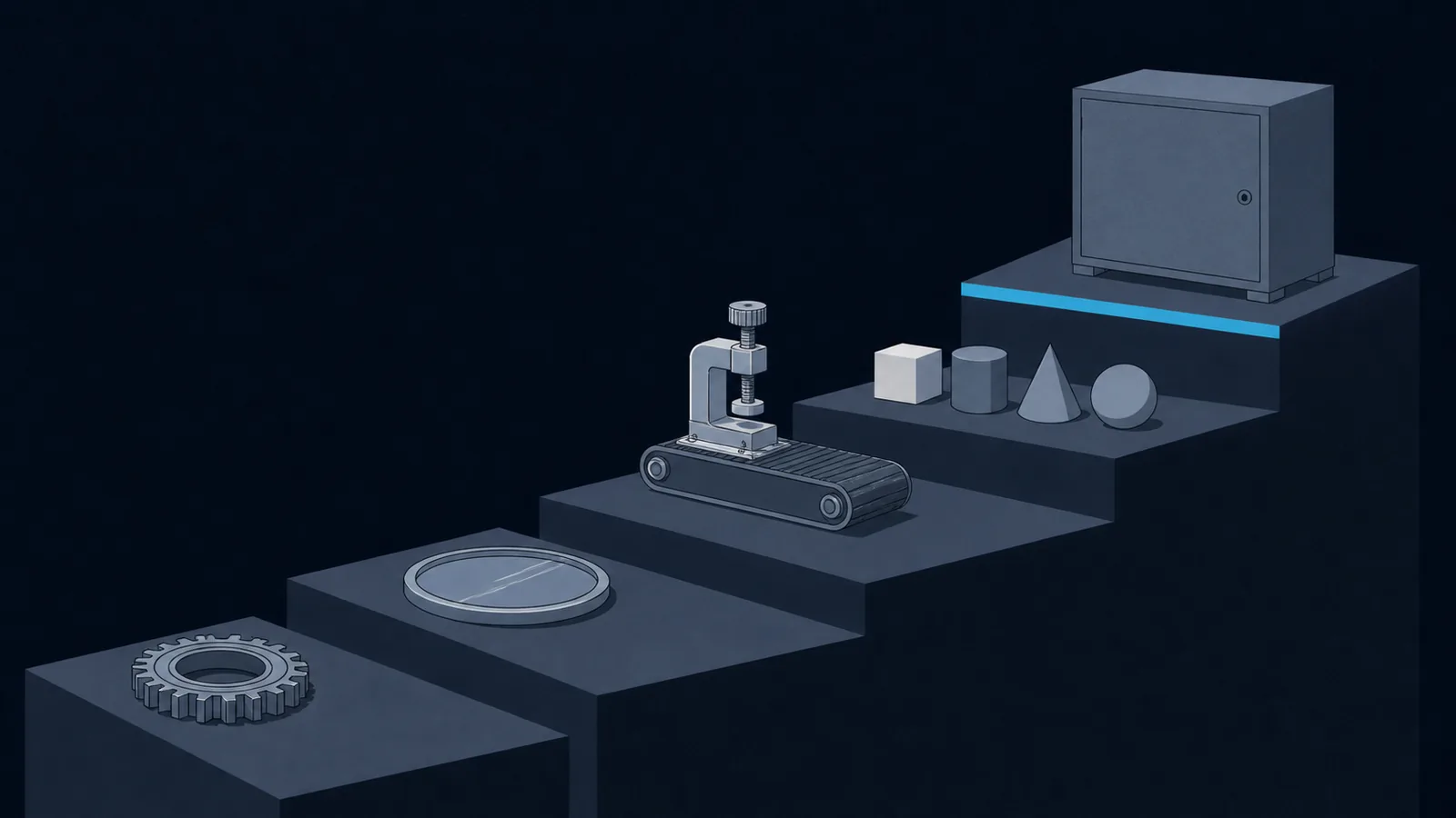 Five stepped platforms rising left to right, each carrying a different reverse-engineering instrument.