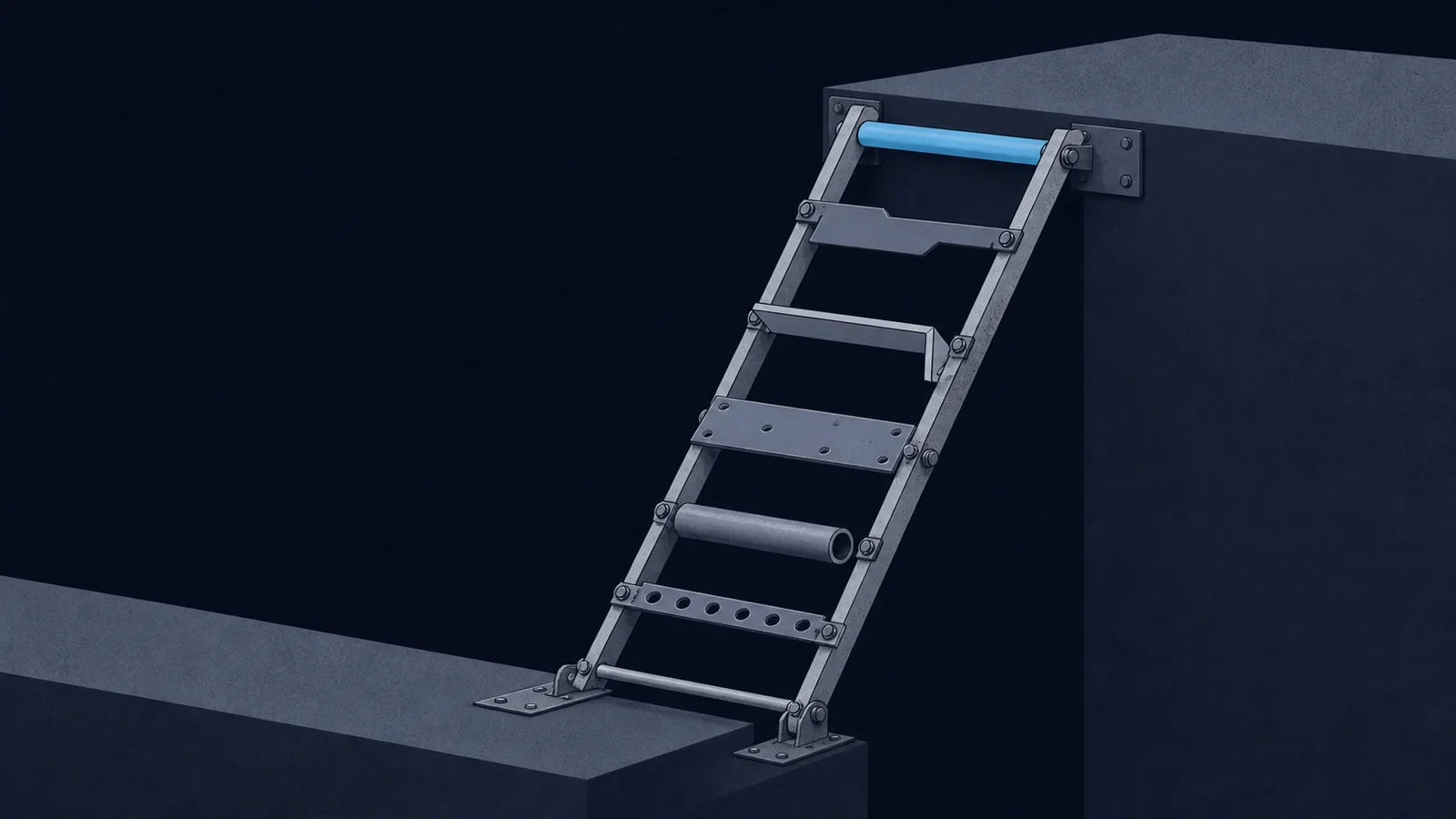 A ladder spanning a gap, each rung made from a different salvaged scrap piece.