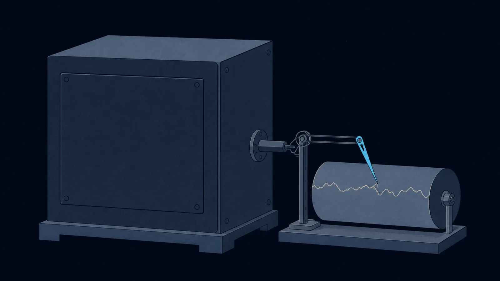 A sealed box with a shuttered output port, beside a gauge needle tracing a wavering line on a drum.