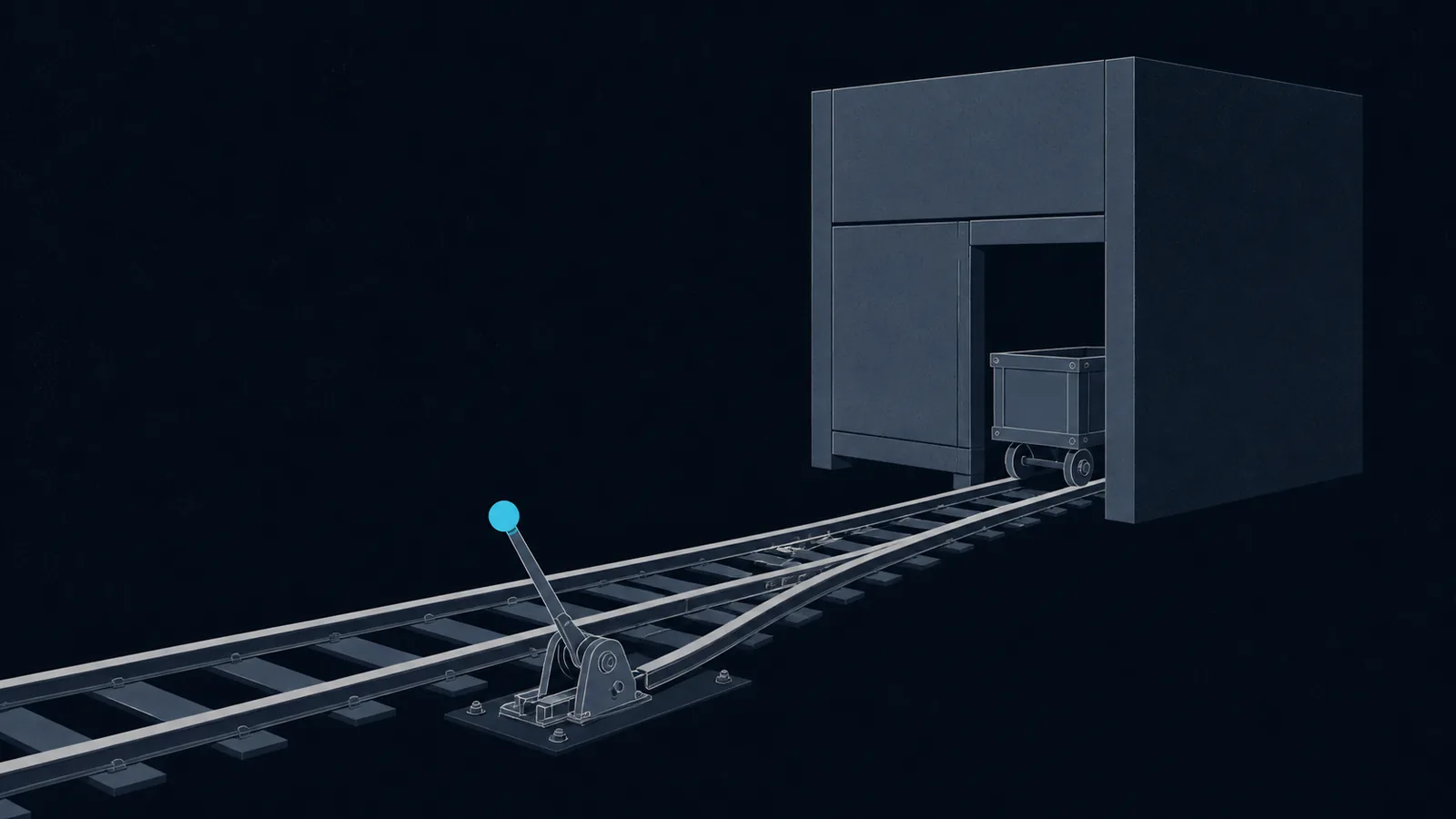 A rail track with switch points thrown, diverting a cart into the open side of a records cabinet.