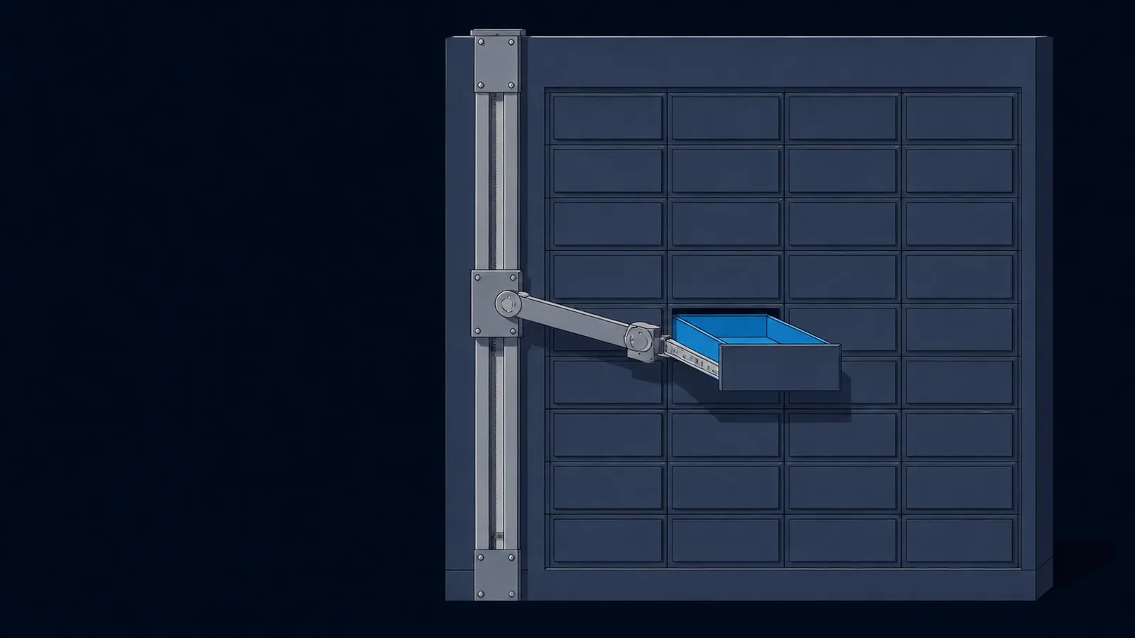 An automated arm on a rail pulling one drawer open from a cabinet of identical closed drawers.