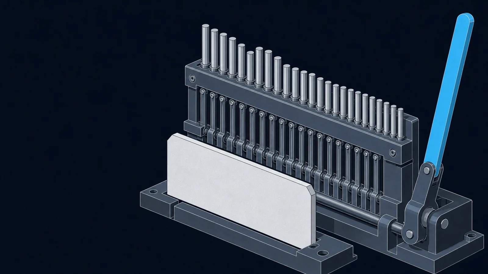A machined pin rack taking a blank forged plate, with one lever that sets every pin at once.