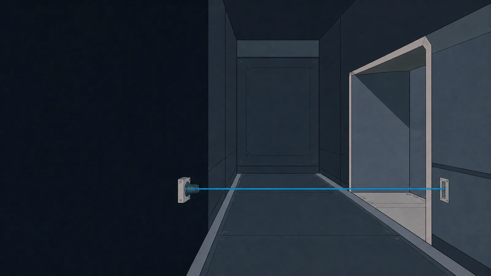 A corridor with a taut tripwire across it and a side alcove allowing a path around it.