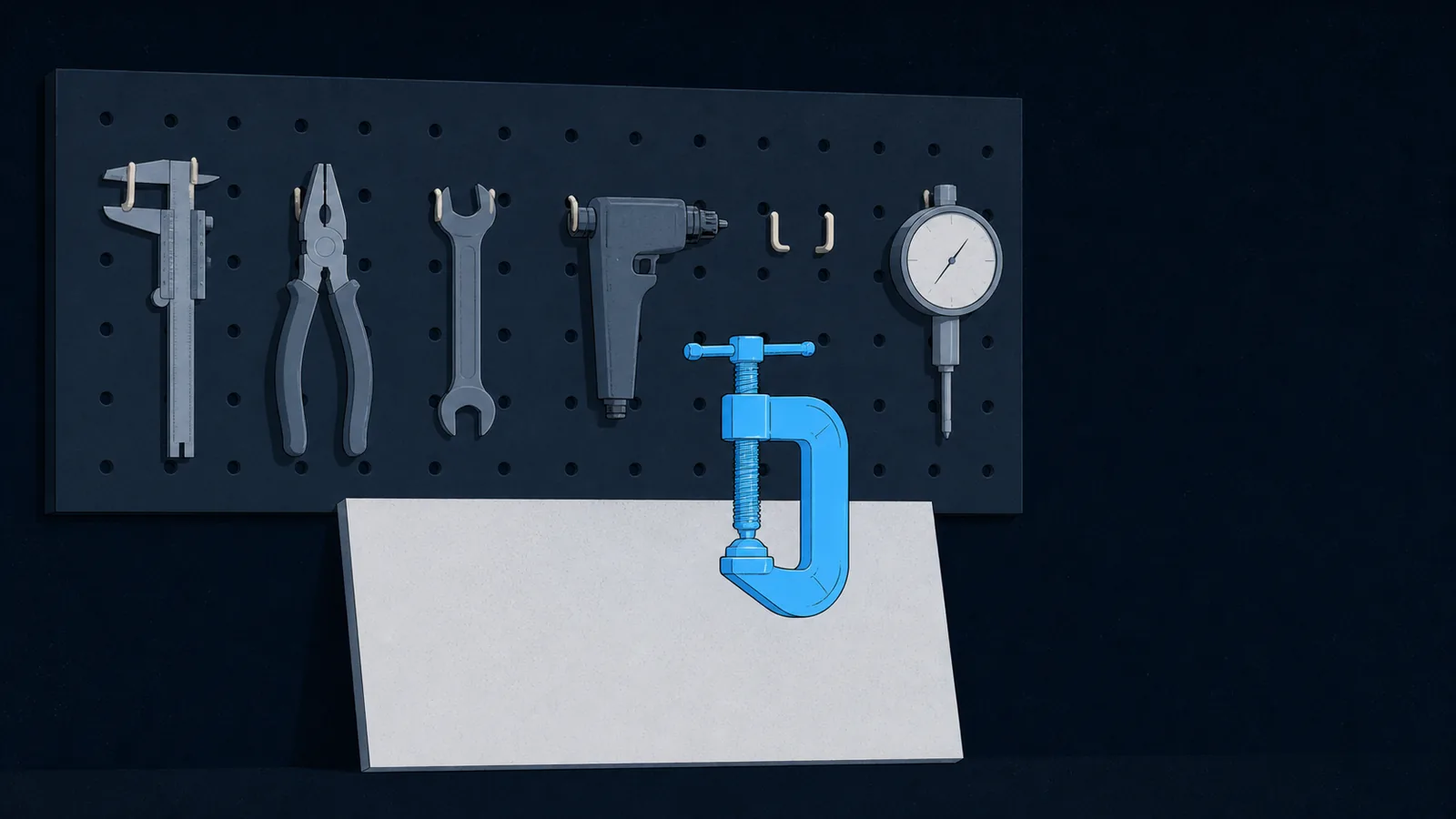 A pegboard of six hanging instruments with one lifted off, held before a plain image plate.