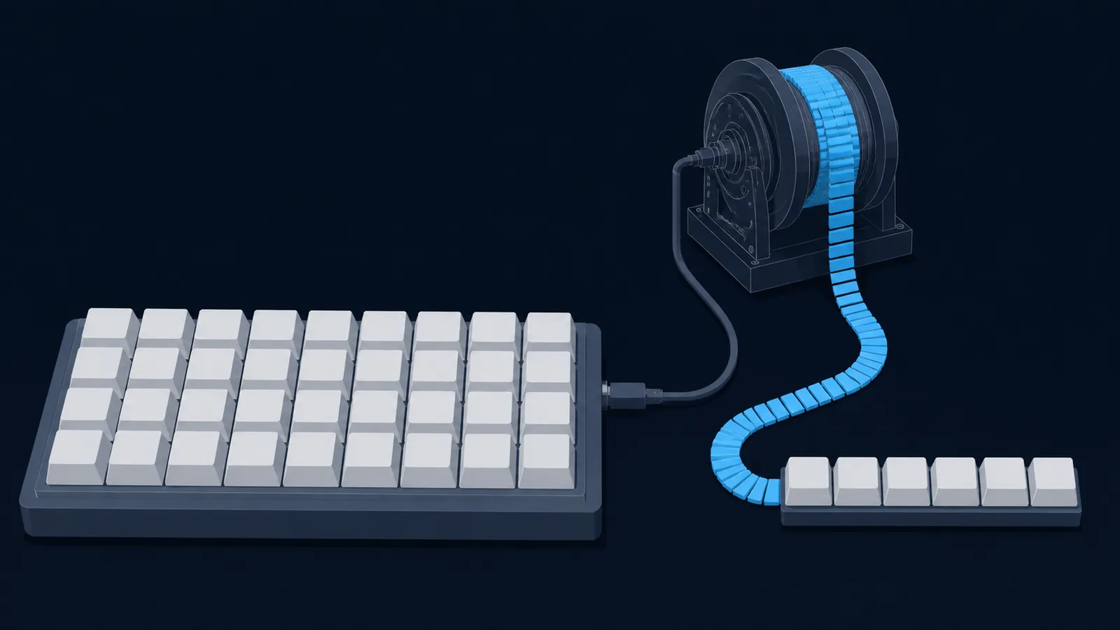 A blank keycap slab cabled to a spool, unrolling a strip of report blocks that reassembles into keycaps.