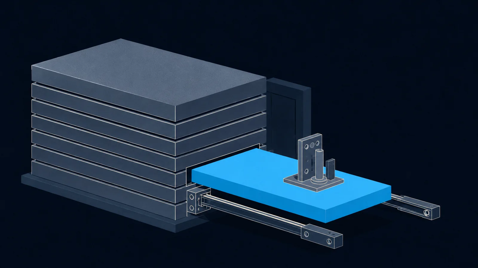 A memory module sliced into thin layers with one layer drawn out, a small structure on its face.