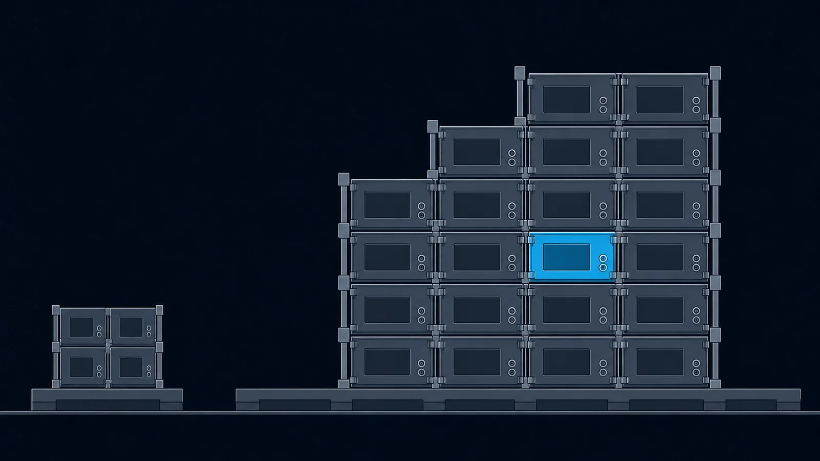 A small structure and a much larger one built from exactly the same repeated modular block.
