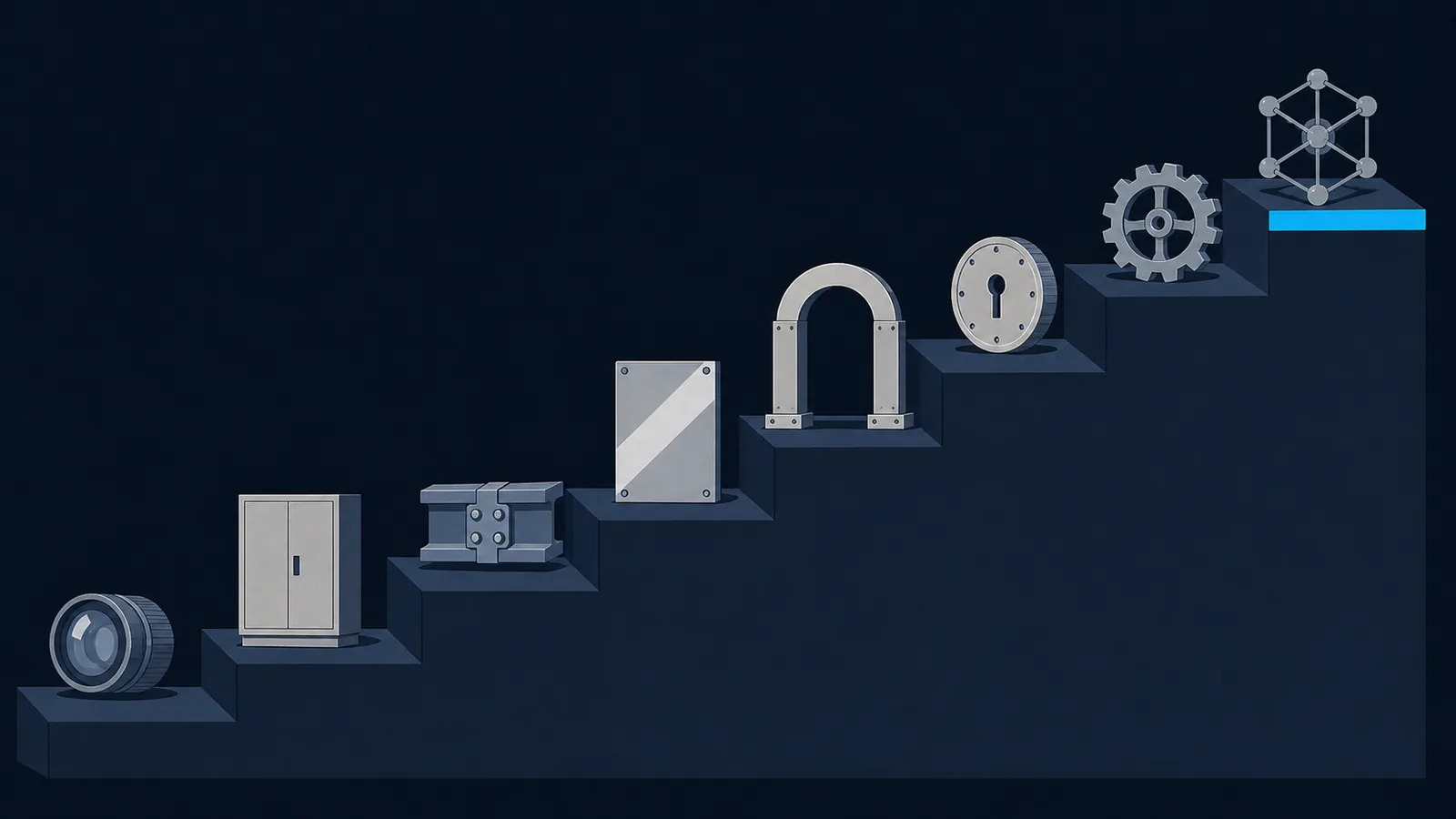 Eight stepped platforms rising left to right, each carrying a different web-exploitation object.