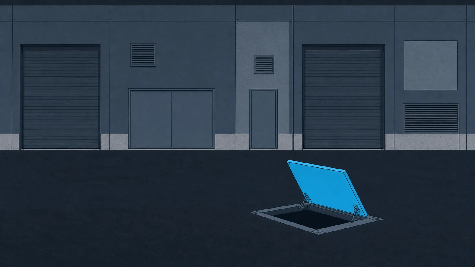 A plain building front with everything shut, and an open service hatch in the pavement before it.