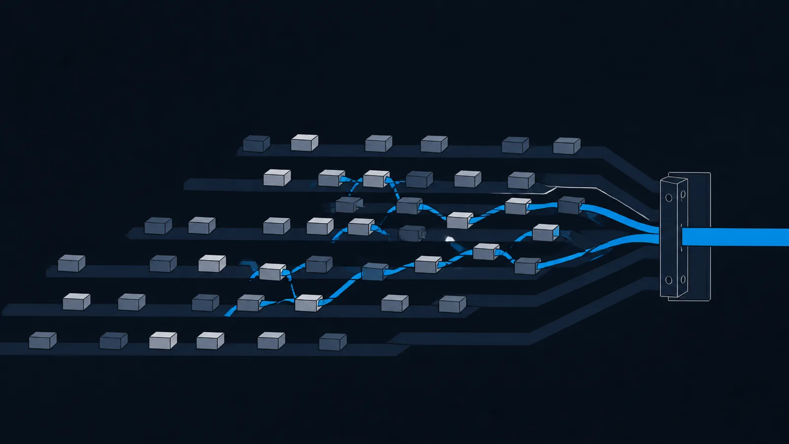 Drifting packet blocks in parallel lanes with one thread woven through them into a tidy ribbon.