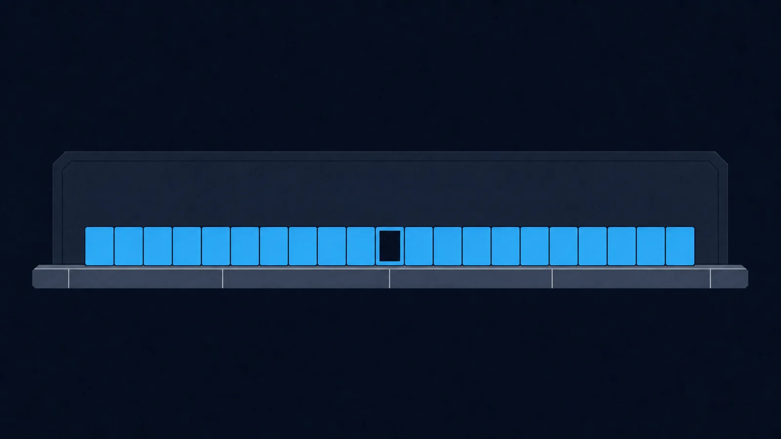 A short strip of twenty-three machined blocks on a rule, one of them hollow instead of solid.