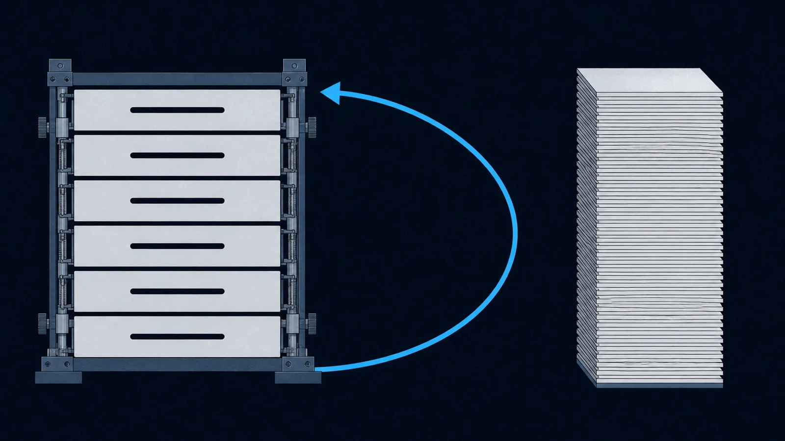 A rack of blank register plates beside a plate stack, with one curved arrow looping back to the rack.