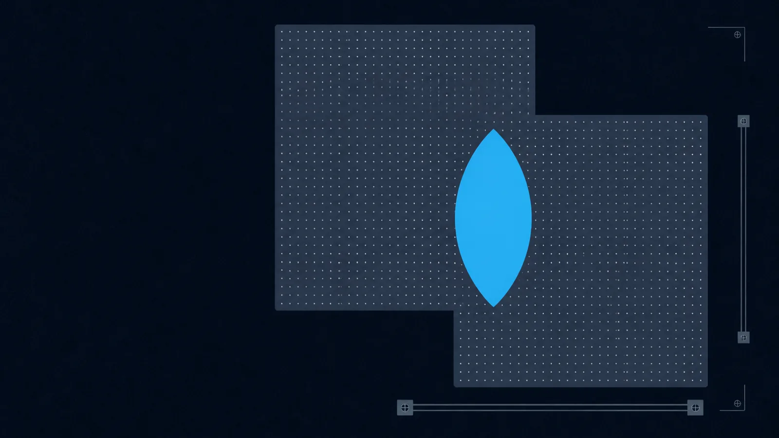 Two overlapping textured squares whose lens-shaped overlap is completely clean and empty.